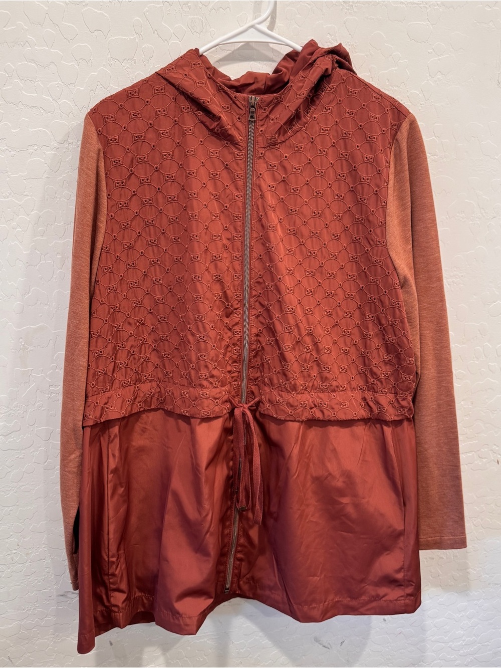 LOGO by Lori Goldstein Rust Hooded Utility Jacket Womens 16 Knit Lace Satin